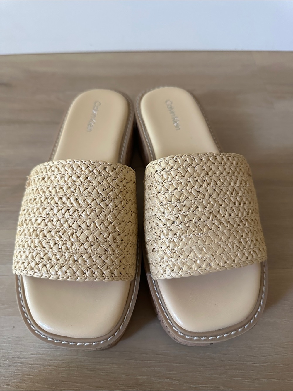 Calvin Klein Beige Woven Cork Platform Slide Sandals